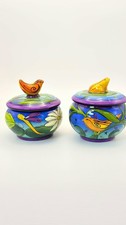 Terri Kearn Signed Hand Painted Art Pottery Lidded Jars Bird Frog Dragonfly Pair picture