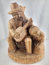 Hand Carved Wooden Trunk Musician Man Guitar and Wife Folk Art picture