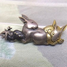 Vintage Japanese Rabbit Obidome Decorative Metalwork Kimono Obi Sash Ornament picture