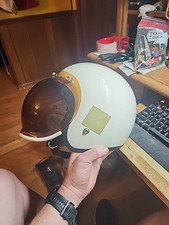 Vintage WHITE MOTORCYCLE HELMET SNAP ON Tinted BUBBLE SHIELD A.I.M. 301-71 Med picture