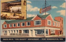 c1950s PORT WASHINGTON, Wisc. Linen Postcard SMITH BROS. FISH SHANTY RESTAURANT picture