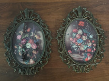 Pair Vtg Italian Ornate Brass Frame Floral Convex Wall Hanging 10” X 13.5