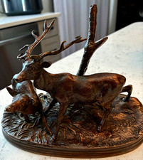 P.J. Mene Signed Bronze Antique Metal Deer/Stag 3D Sculpture on Oval Base picture