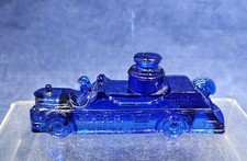 Vintage Cobalt Blue Glass Fire Truck Engine Candy Container 4.5 Inch RARE picture