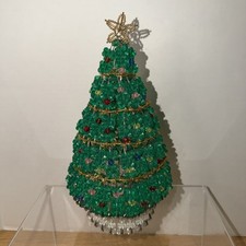11” VTG Beaded Safety Pin Christmas Tree LeeWards Style MCM Handmade Kitsch Kit picture
