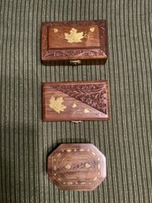 Three Vintage Hand Carved Wood Jewelry / Trinket Storage Boxes with brass inlay picture