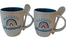 Radiate Positivity Rainbow Ceramic Cups Mugs & Spoons Set Of 2 NEW picture