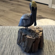 Vintage Hand Carved Painted Wood Pelican on Driftwood Figurine Bird Folk Art picture