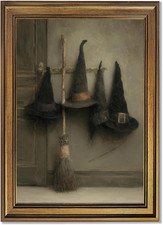 Gold Framed Halloween Wall Art Vintage Witch Hats and Witches Broom Canvas Print picture