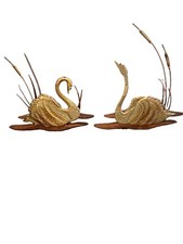Vintage 1970s Brass Swan Wall Art Pair Wood Cattails MCM Hollywood Regency picture