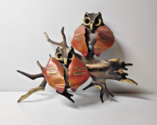 VTG Metal Wall Hanging Owl Family on Branch MCM Retro Decor Wall Art - About 7