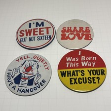 LOT of 4 VINTAGE FUNNY SARCASTIC SHARE LOVE NOVELTY BUTTON PINS PINBACKS picture