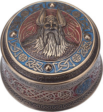 Veronese Norse God Odin Viking round Stash Box Cold Cast Resin Bronze Finish Scu picture