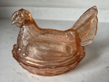 Vintage MCM LG Wright Pink Peach Glass Hen On Nest Candy Dish 6