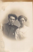 RPPC Young Man Woman Lovers Couple 1900s Studio Postcard High Neck Blouse Bowtie picture