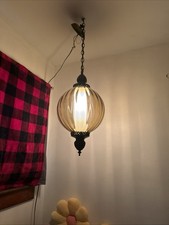 Vintage Mid Century Amber ribbed 12” Glass Globe Hanging Swag Lamp w/t Wall Plug picture