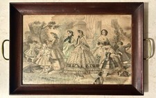 Antique Godey’s Lady’s Book May 1864 Fashion Plate Wood Glass Serving Tea Tray picture
