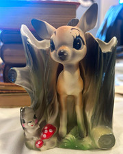 Vintage 1950s Ceramic Deer Fawn & Skunk Tree Stump Planter Big Eye Kitsch Japan picture