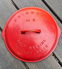 Griswold No 9 Self Basting Cast Iron Skillet Cover Lid Double Handle Red enamel picture