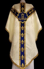 Marian chasuble - Gothic Chasuble Embroidered Velvet Trim Ecru Jacquard Priest picture