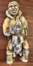 Vintage Inuit Handcrafted Alaskan Eskimo Figurine Fisherman Husky Dog 6” H picture
