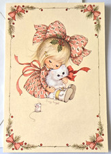 Vintage Christmas Card Angelove Suzy Angel Girl with Kitten and Mouse picture