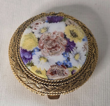 Vtg Helena Rubinstein Floral Enamel Compact Collectible Basket Weave Brass picture