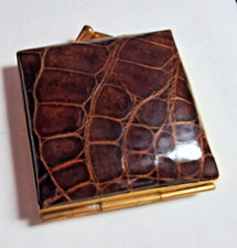 Vtg 1950s Genuine Alligator Skin Powder Compact Brass Square Vanity Case Sifter picture