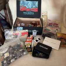 Vtg Sewing Notions Lot Wood Spools Buttons Needles Tools Nica Rustica Cigar Box picture