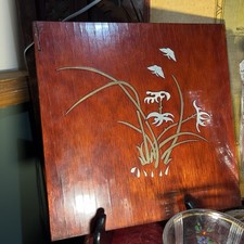 Vintage MCM Korean Lacquered Wood Plaque Brass Floral Inlay picture