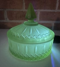 Vintage Indiana Glass Diamond Point Satin Frosted Green Glass Powder Candy Dish picture