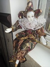 Vintage Porcelain Harlequin JesterClown Doll Purple/Gold Shelf Sitter picture