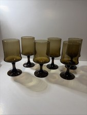 Vintage Set Of 6 Libbey Tawny Accent Smoke Brown Wine Glasses 6.25 Inches picture