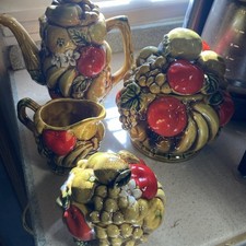 Cute 4 piece Vintage Ardco Harvest Fruit Tea Set. Teapot Creamer and Sugar Bowl picture