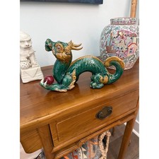 Vintage Chinese Green Crackle Glaze Ceramic Dragon Figurine Sancai 10 Inch picture