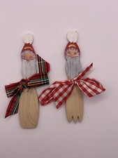 Vintage Miniature Handpainted Santa and Mrs Claus Wooden Spoin and Fork Set picture