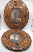 Antique Pair Flemish Art Nouveau Pyrography Wood Burned Oval Picture Frames Set  picture