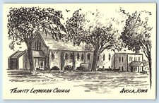 Avoca Iowa Postcard Trinity Lutheran Church Building Trees Drawing 1940 Unposted picture