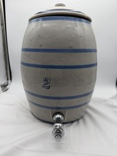 Vintage 2 Gallon Stoneware Water Cooler Crock Blue Stripe w Lid & Spigot picture