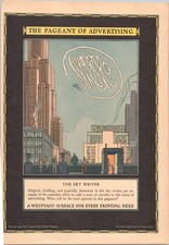 1927 Westvaco Vintage Print Ad Sky Writer Art Deco Cityscape Airplane picture