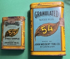 2 Vintage Granulated 54 John Weisert’s Pocket Tin St Louis Sample Different Size picture