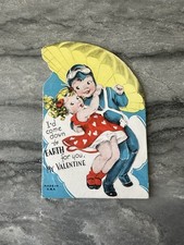 Vintage Valentine Cute Pilot Boy Parachute Girl Heart Dress Cloud Sky Earth Vtg picture