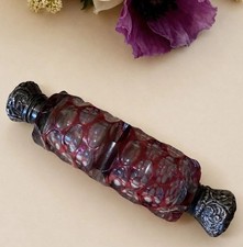 Antique 1875 French Cranberry Cut Glass Double Scent & Salts Bottle Solid Silver picture