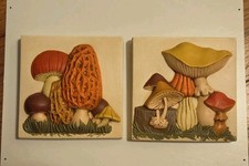 Vintage 1970's Retro Set of 2 Raised 3D Mushroom Wall Decor Ceramic Plaques  picture