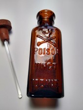 Antique Poison Bottle Tinct Iodine Glass Bottle With Dauber M3 Skull Crossbones picture