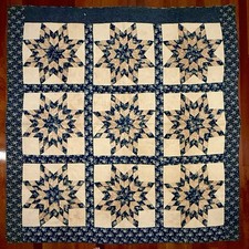 Antique 19th Century Indigo 9 Lone Star Quilt 1800s Hand Quilted Signed 89 x 86 picture