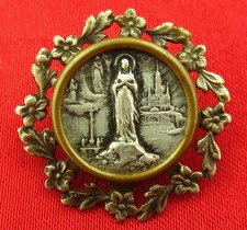 Vintage LOURDES Pin MARY BERNADETTE BASILICA Ornate Silvertone Catholic Brooch picture