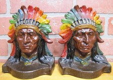 NATIVE AMERICAN INDIAN SITTING BULL Antique Bookends Exquisite Detail Paint picture