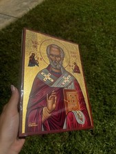 Saint Nicholas Orthodox Icon Flat Wood 18kt Gold Leaf picture