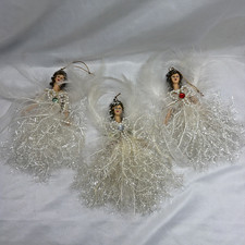 3 Vintage Sparkling White Christmas Angel Ornaments Feather Wings Tinsel Gown picture